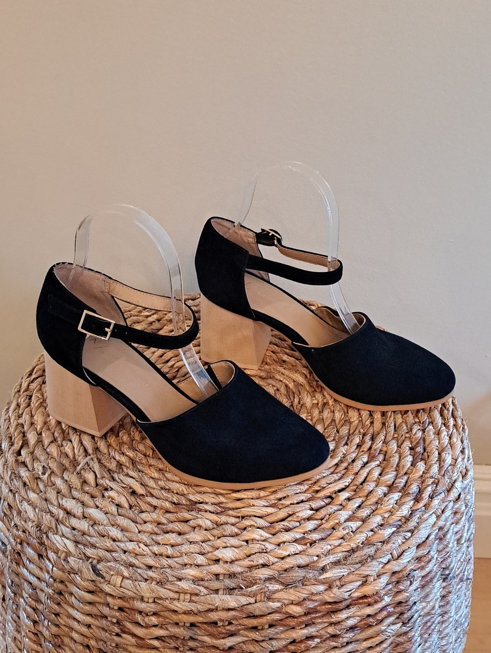Anthropologie Womens Meredith Black Suede Mary Jane 3" Wood Block Heels 8